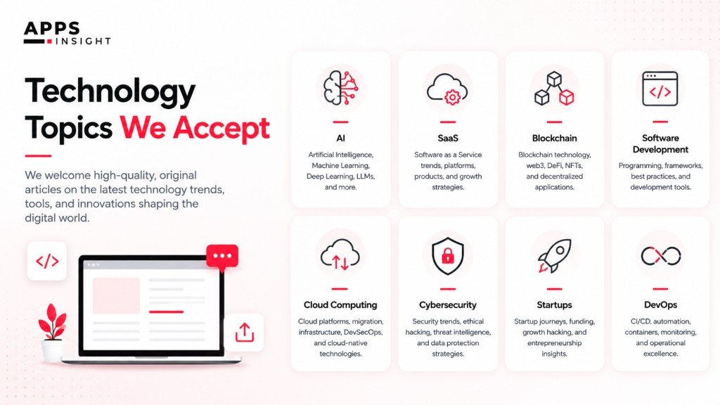 Technology topics AppsInsight accepts for guest posts: AI, SaaS, blockchain, software development, cloud computing, cybersecurity, startups, and DevOps