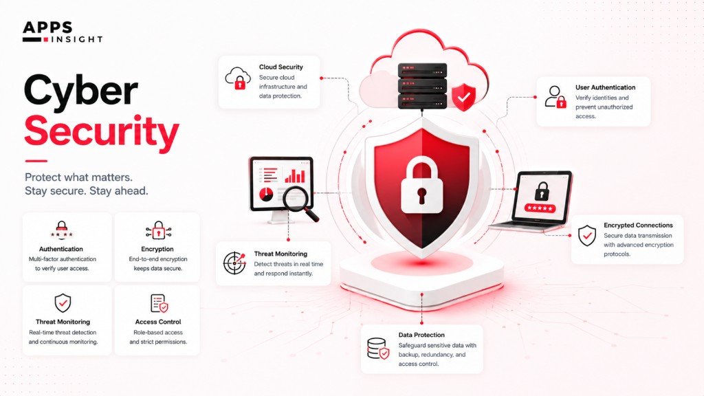 Cybersecurity guest post topics on AppsInsight — cloud security, authentication, threat monitoring, encryption, and data protection