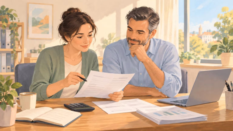 Illustration: bookkeeper and business owner comparing bank statement and accounting records at an office desk
