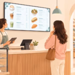 Illustrated caf&eacute; owner at the counter with a customer reading a wide digital menu screen, with a small retail display visible in the next room