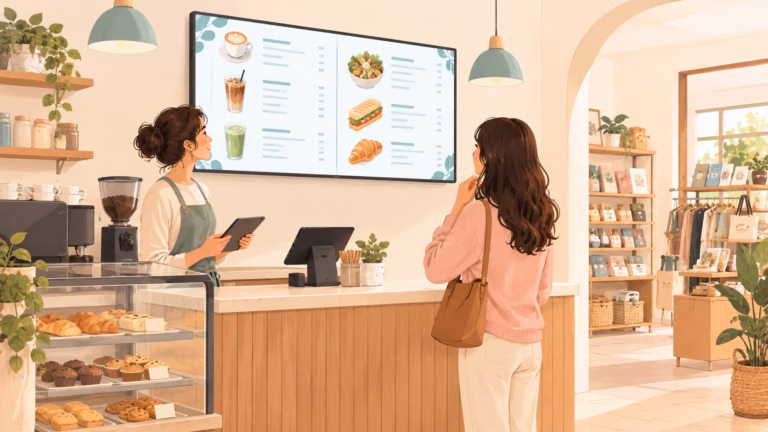 Illustrated café owner at the counter with a customer reading a wide digital menu screen, with a small retail display visible in the next room