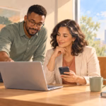 Illustration: IT professional and business owner reviewing a laptop and smartphone in a sunny office
