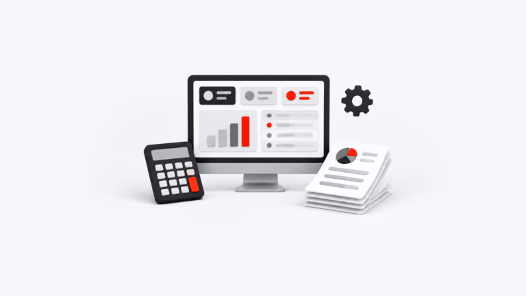 Minimal 3D illustration of a computer dashboard with calculator, documents and gear representing Costpoint ERP software