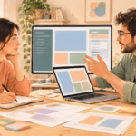 Illustration: two developers discussing a connected software workbench with a laptop and planning cards