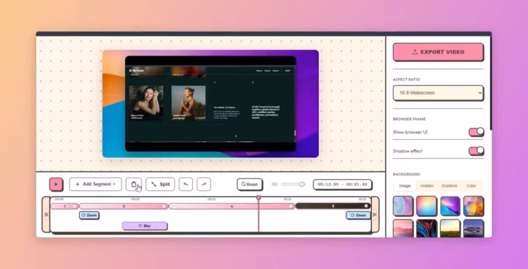 Lumiko editor showing clip timeline, zoom and blur tracks, aspect ratio and background controls