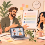 Colleagues planning a meeting agenda around a table with a shared clipboard and laptop