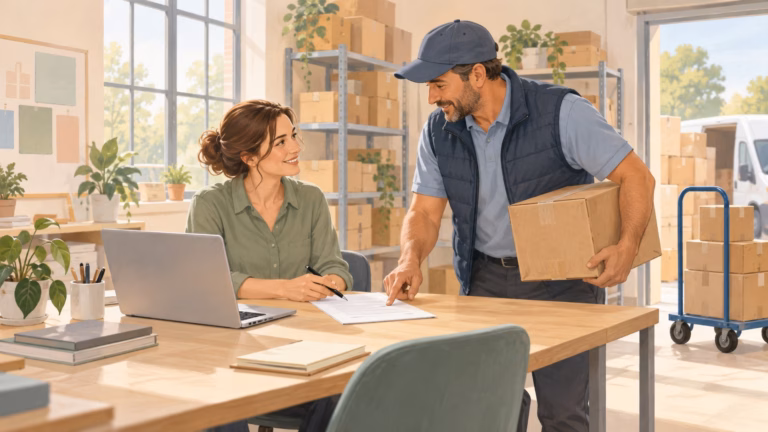 Illustration: small business owner and supplier reviewing a purchase order at a warehouse office desk