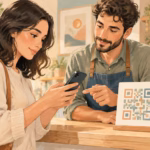 Illustration: customer and small business owner checking a phone beside a decorative matrix-pattern information card