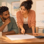 Illustration: analyst explaining data spread to a colleague using paper and a calculator