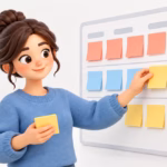 Woman arranging sticky notes on a user story map