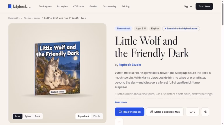 kdpbook.io sample book page with 3D cover view and paperback or Kindle toggle