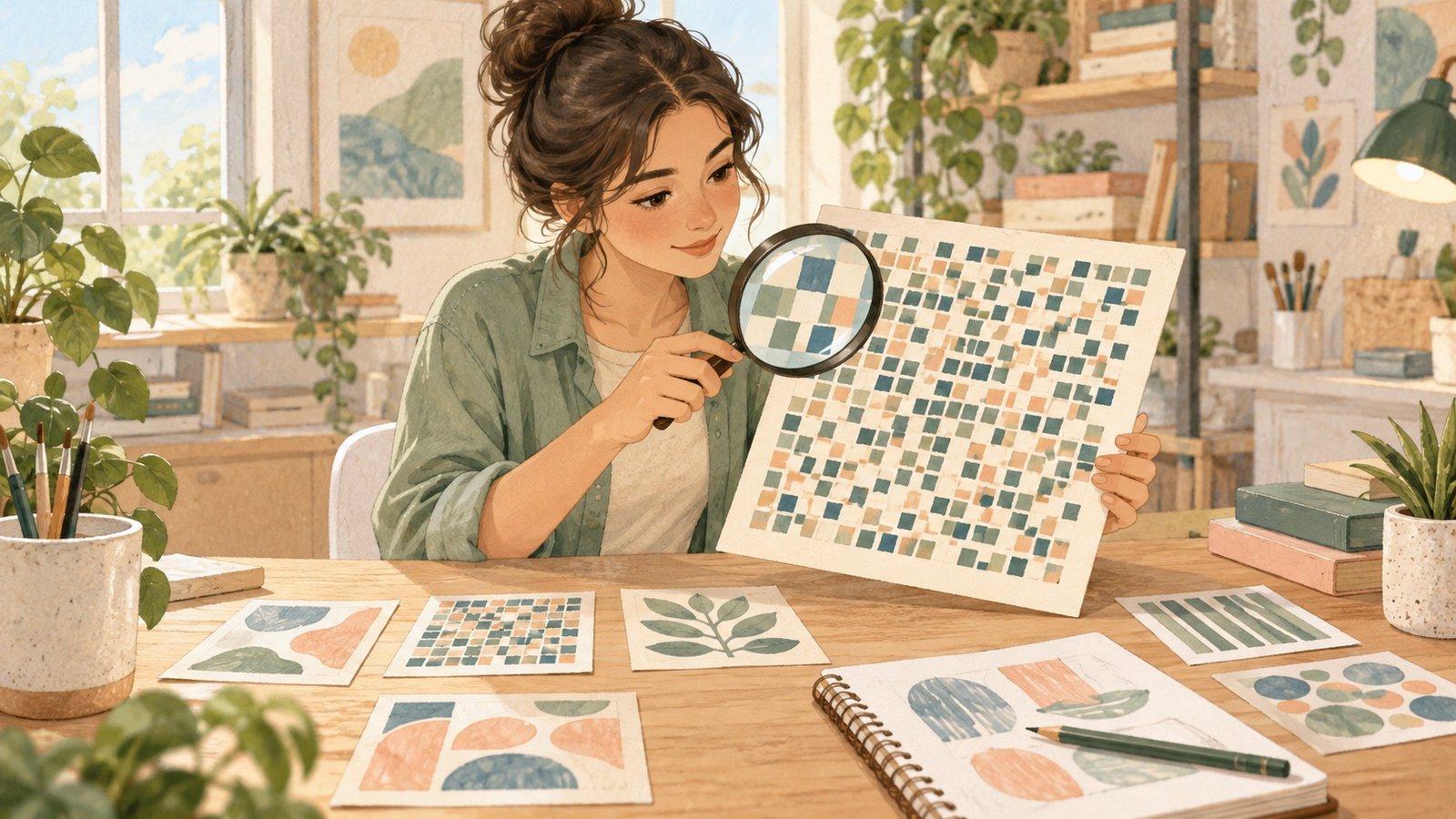 Illustration: designer examining a matrix-pattern information card with a magnifying glass