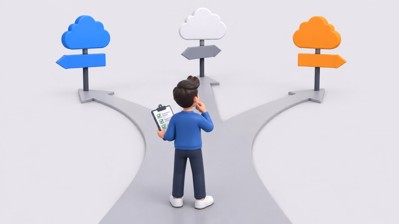 Illustration of a person with a checklist at a fork with signposts to three platforms