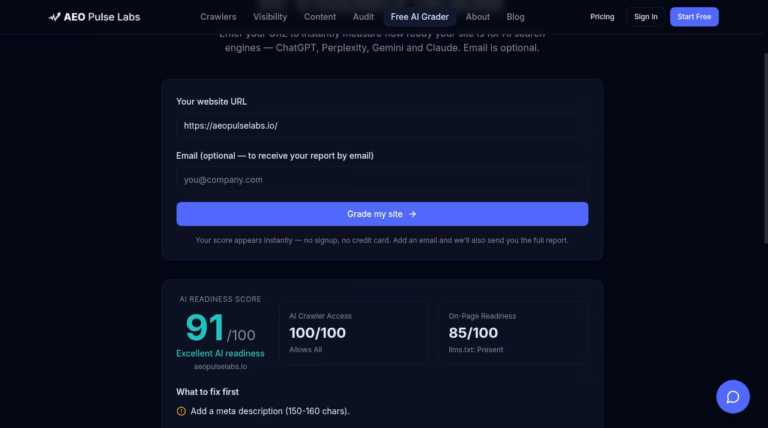 AEO Pulse Labs public grader result for its own vendor domain