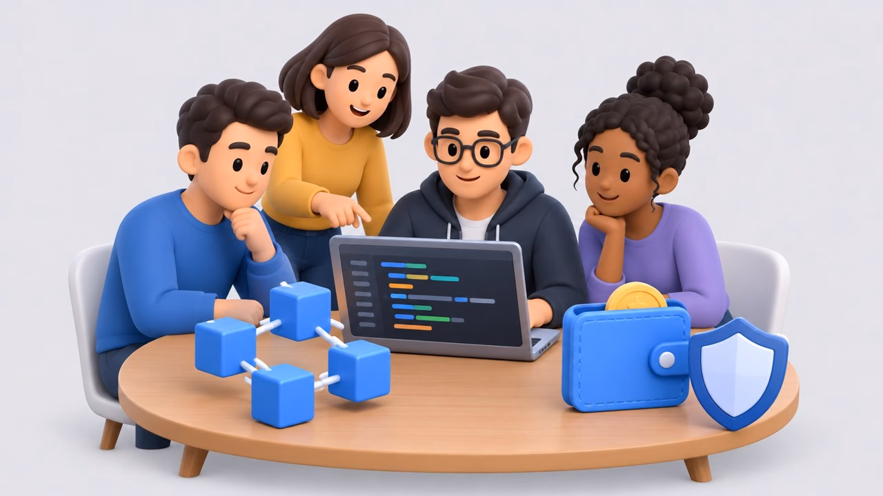 Illustration of a developer team with a laptop of code, linked blue blocks, a wallet and a shield