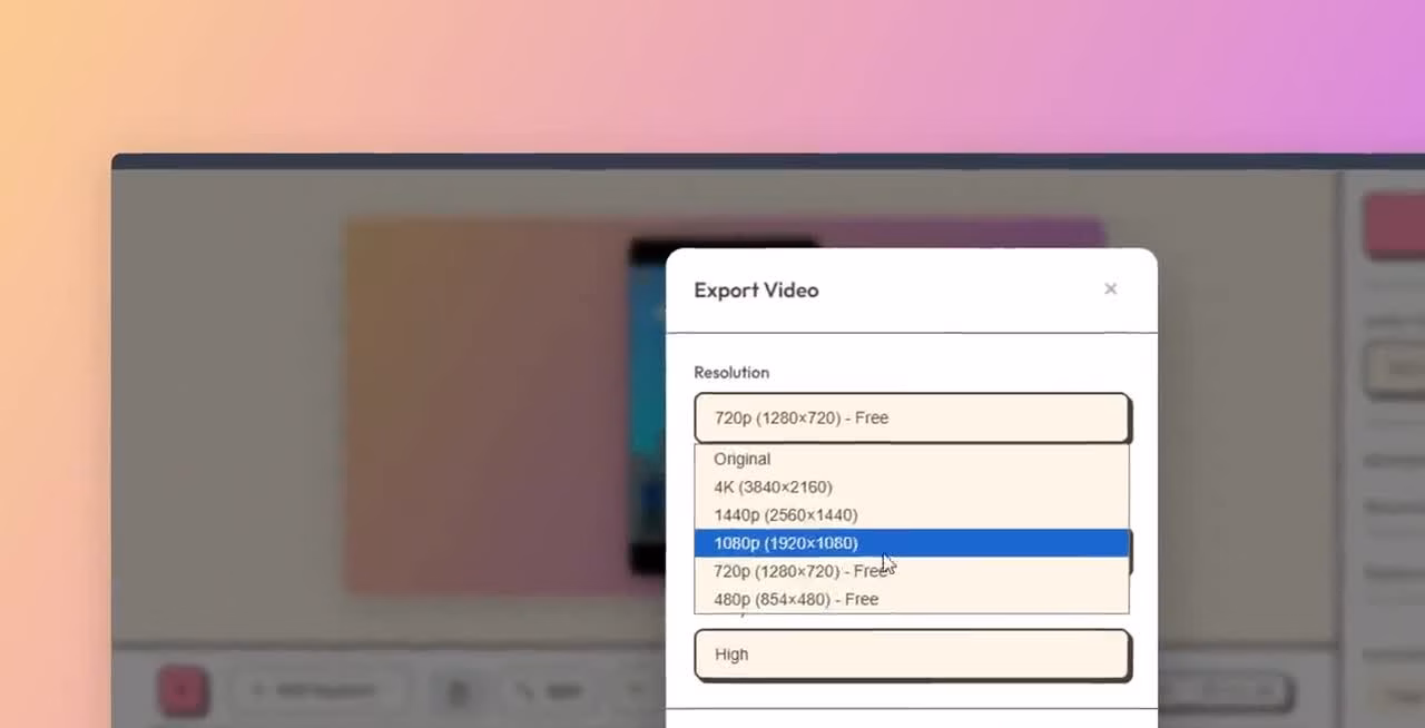Lumiko Export Video dialog with resolution and quality controls