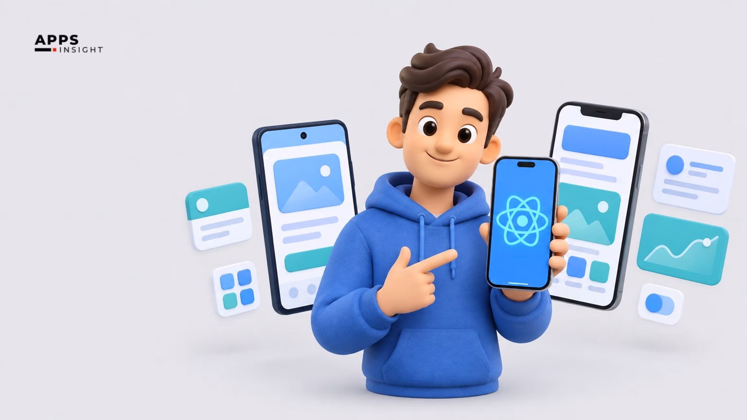 Cartoon developer holding a phone with a React Native style atom icon, surrounded by app screens, with the Apps Insight logo