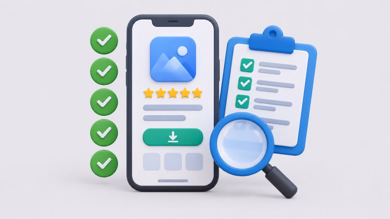 Illustration of five check marks beside a phone with an app store page, a clipboard and a magnifier