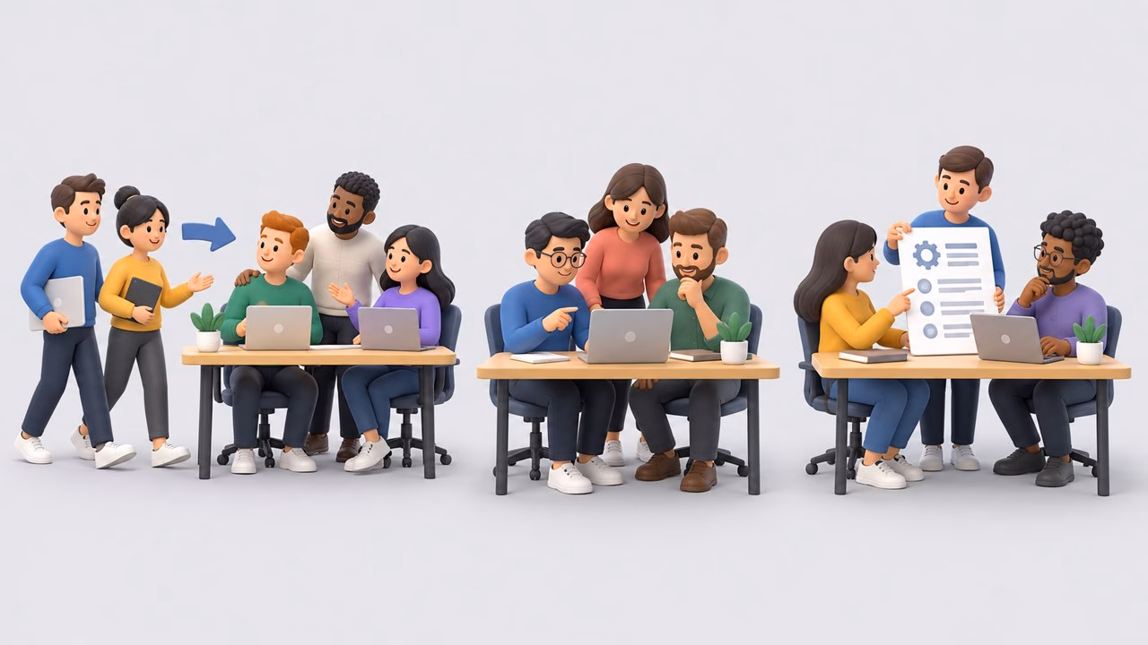 Illustration of three team setups: a small team joining a larger one, a dedicated team and a scoped project