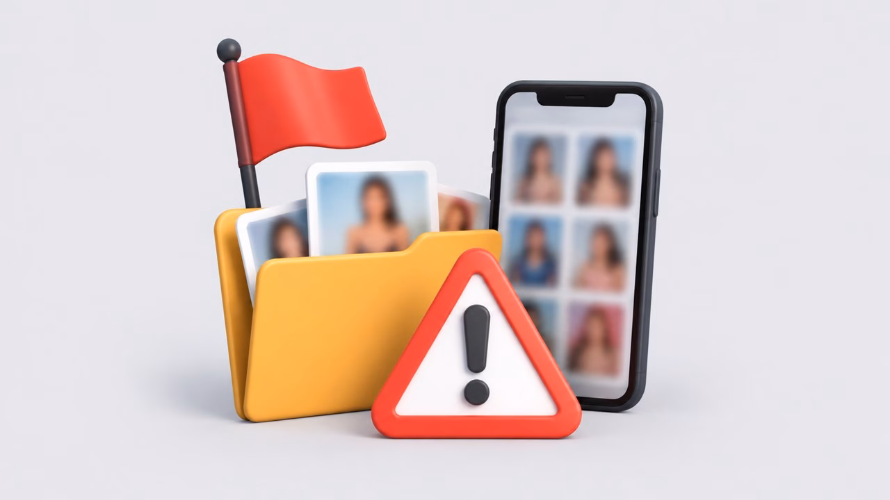 Illustration of a red flag, a warning sign and a screenshot-only portfolio folder beside a phone