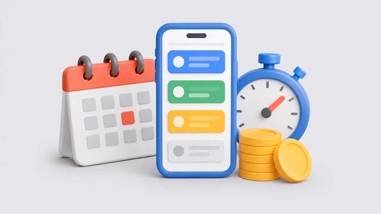 Illustration of a calendar, a stopwatch and stacked coins beside a phone app