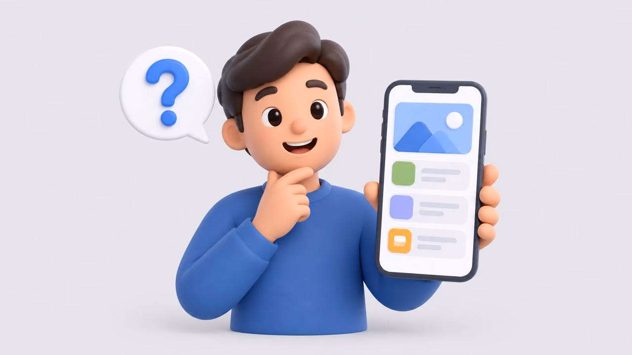 Illustration of a friendly person with a question mark speech bubble beside a phone showing an app