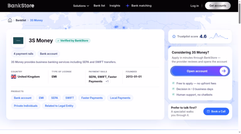 BankStore public 3S Money provider detail. Vendor eligibility, timing and review labels are not a verified bank recommendation.