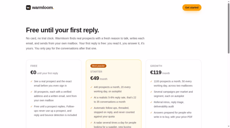 Warmloom pricing page with Free, Starter and Growth plans, from the official website