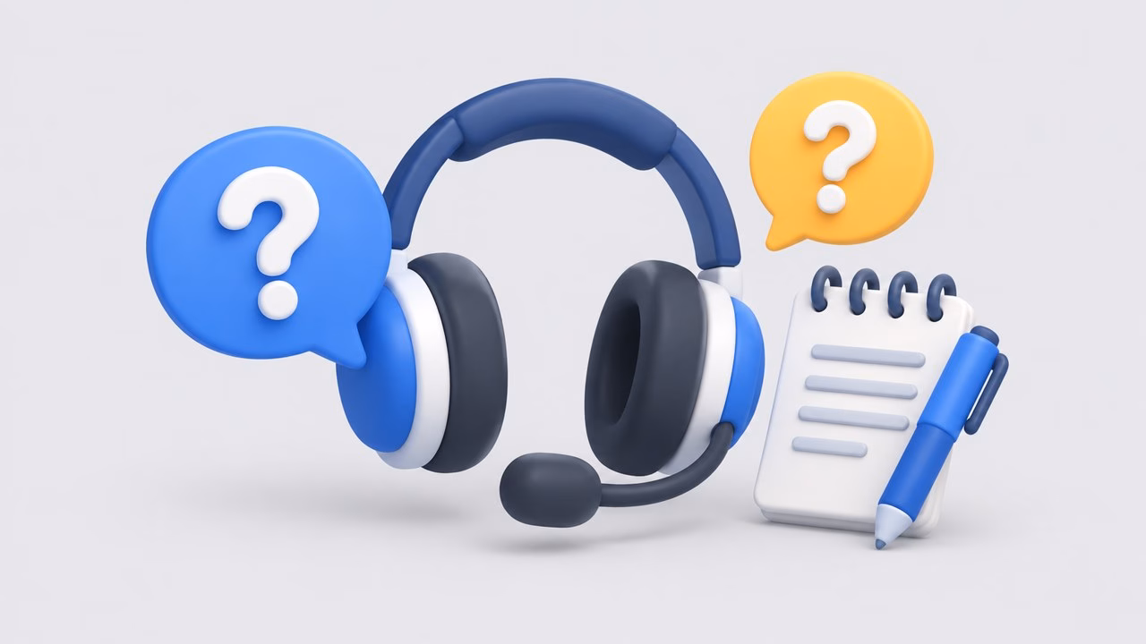 Illustration of a headset with speech bubbles holding question marks beside a notepad