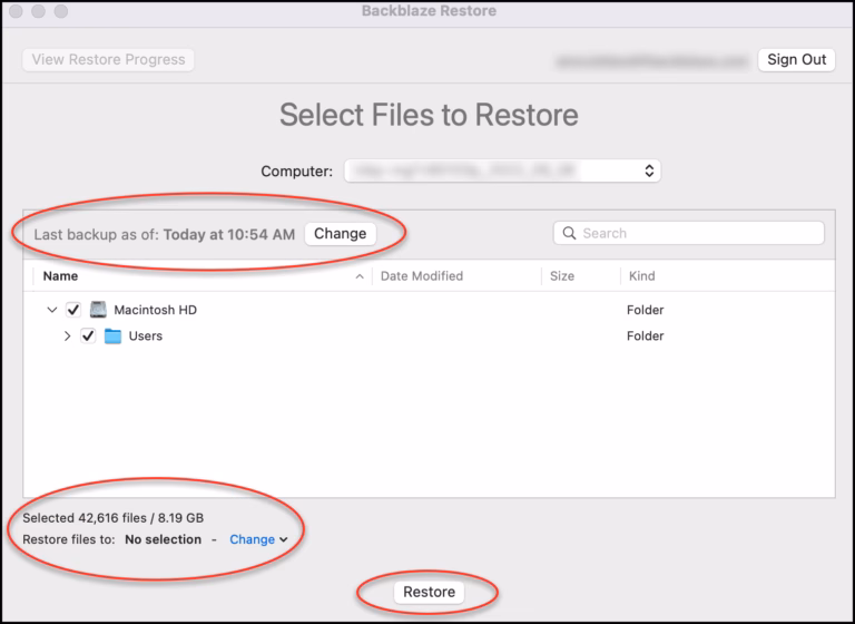 Official Backblaze Mac restore app screenshot showing historical file selection