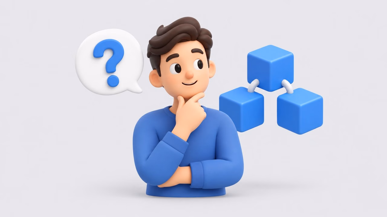 Illustration of a friendly person with a question mark speech bubble next to linked blue blocks