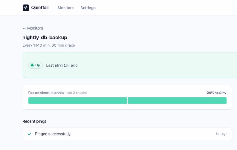 Quietfail job detail showing expected interval grace period and successful ping history