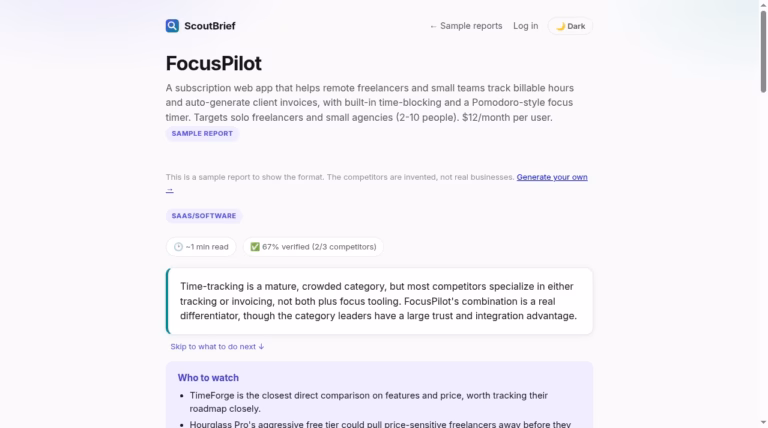 ScoutBrief official sample report summary with fictional FocusPilot competitors