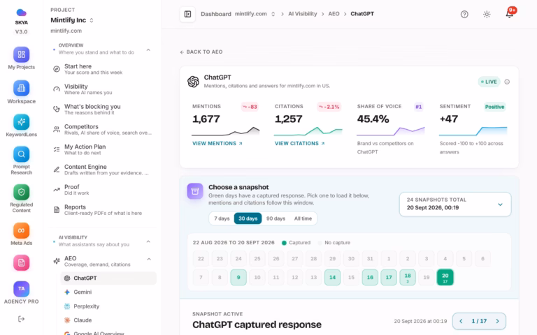 skya.one captured ChatGPT answers and snapshot calendar, official-site UI