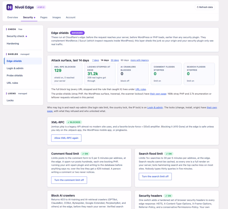 Official Nivoli Edge shields UI with traffic refusals and control states; vendor example, version1.81.2