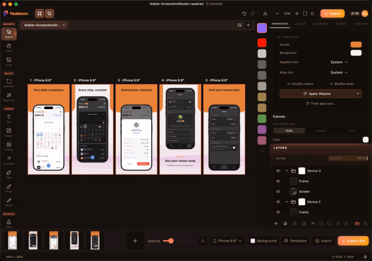 Peakloom Screenshot Studio with device layouts and styling controls